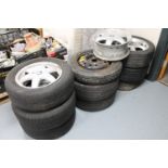 Ten car wheels - nine with tyres including four sets of alloy wheels