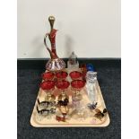A tray of glassware including deer, duck and cat ornaments,