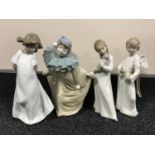 Four Nao figures to include girl in white dress, girl in night gown,