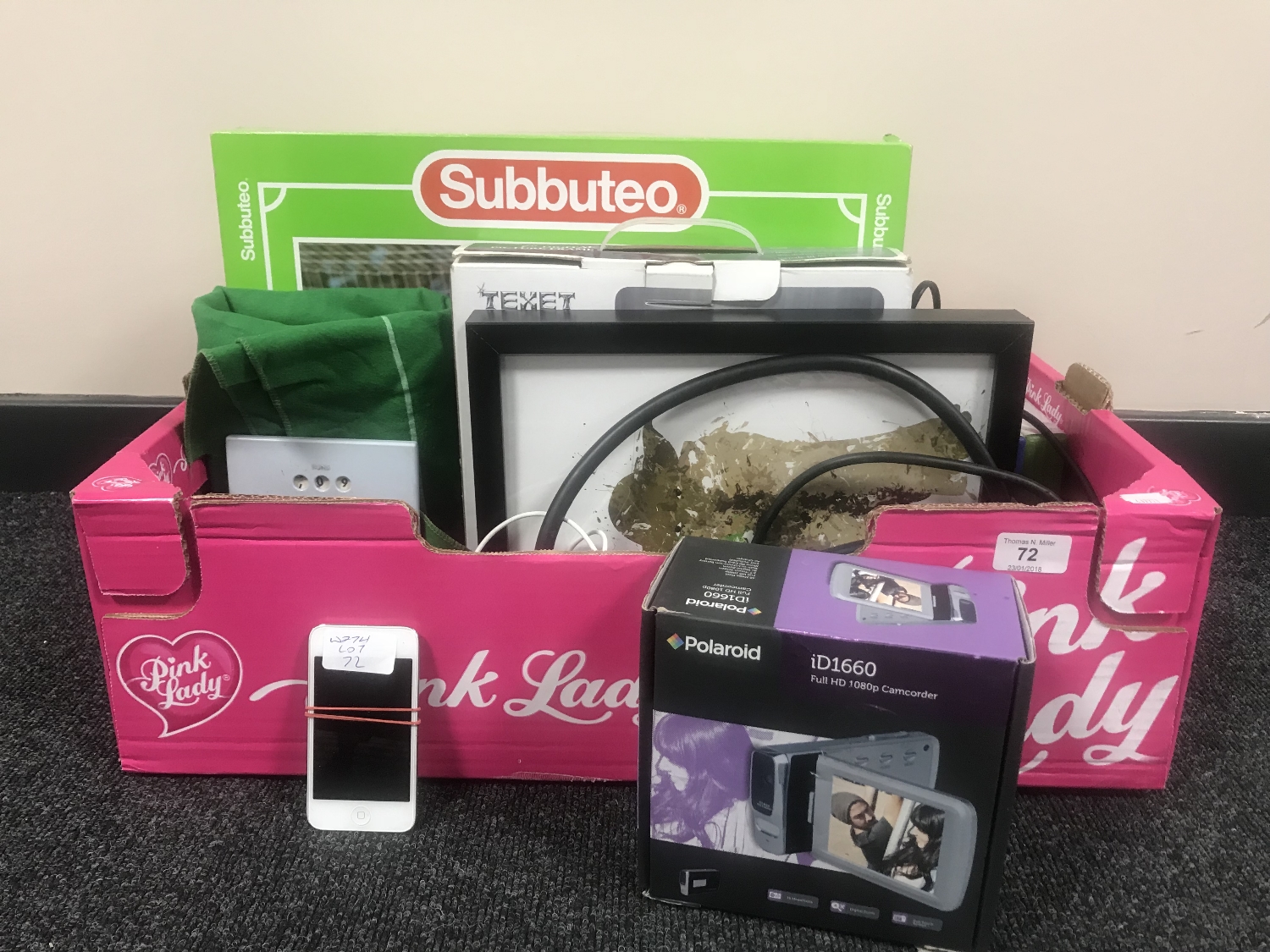 A box containing Subbuteo set, Subbuteo table cricket, digital photo frame, digital camera,