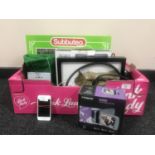 A box containing Subbuteo set, Subbuteo table cricket, digital photo frame, digital camera,