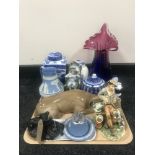 A tray containing decorative glass vase, blue and white Wedgwood jasperware, Ringtons caddies,