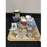 A tray containing blue and white jasperware, bone china cups and saucers,