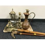 A tray of brass candlesticks, copper jug, brass lantern table lamp,
