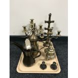 A tray of brass candelabra,