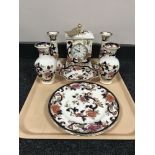 A tray of eight pieces of Masons Mandalay pattern china including candlesticks, carriage clock,