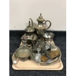 A tray of twentieth century plated ware including teapots, candlesticks,