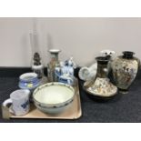 A tray of continental figures, Chinese famille rose vase, Ridgeway Old England ware bowl, oil lamps,