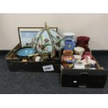 Two boxes of pictures, vases, mantel clocks,