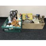 Two boxes of assorted plated ware, contemporary clocks, commemorative china,