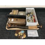 A tray containing a box of assorted sports medals, lighters, boxed Swan pen, inlaid table caskets,