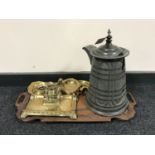 A heavily carved twin handled tray and a antique pewter jug, brass desk stand,