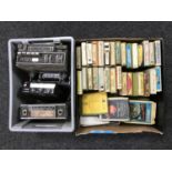 A box of four vintage car radio 8 track players and 36 x 8 track cartridges