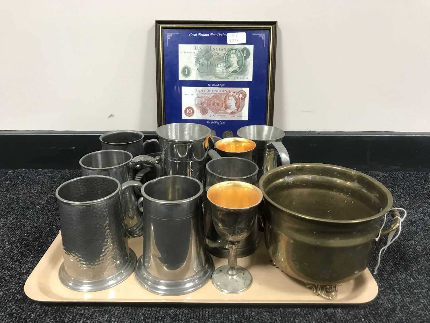 A tray of assorted metal ware - goblets, tankards, planter,