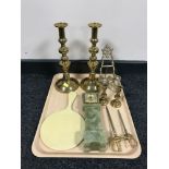 A tray containing a miniature onyx longcase clock, two sword letter openers, miniature metal easel,