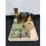 A tray of antique pottery decanter with Freemasons decoration,