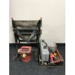 A Work Mate and a box of 110 volt drill, saws,
