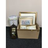 A box containing framed prints by Jill Walker, Roger Desoutter, together with a wall clock,