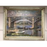 An Artagraph reproduction : Boats by a bridge, framed.