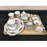 A tray containing eight pieces of Queens Rosina pattern tea china, Royal Doulton Indian Tree trio,