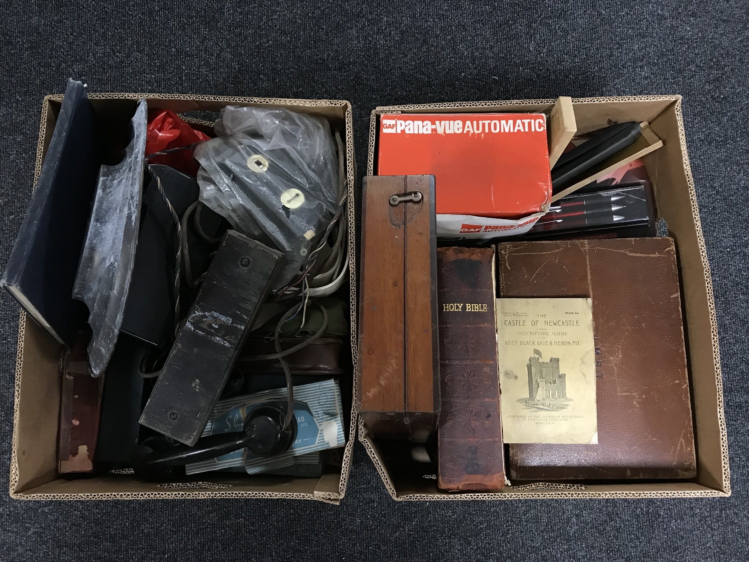 Two boxes containing leather bound Bible, vintage leather jewellery box, door locks,