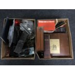 Two boxes containing leather bound Bible, vintage leather jewellery box, door locks,