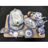 Two trays of 20th century blue and white china - meats plates, tureens,