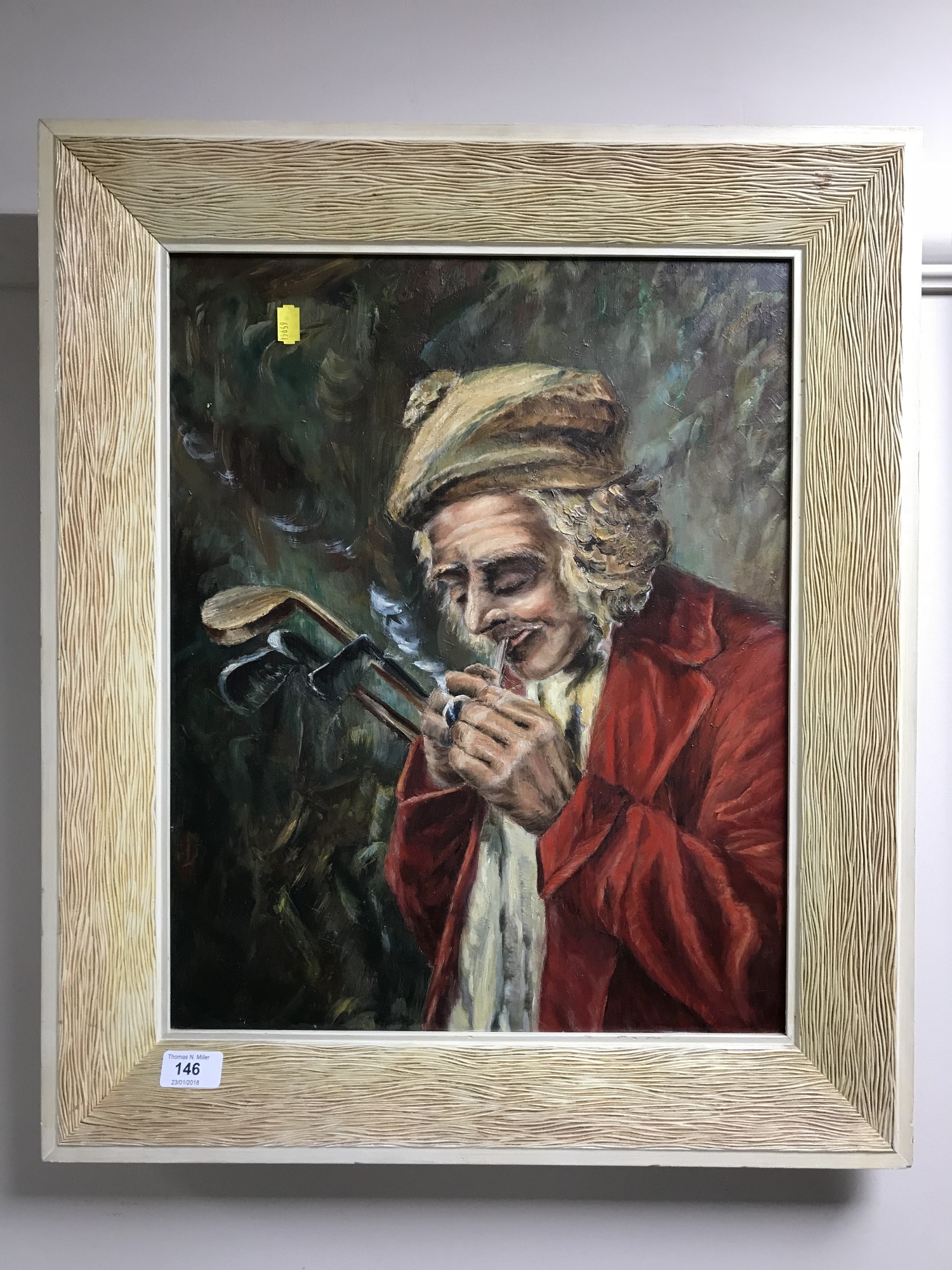 A framed oil on board of a golfer smoking a pipe