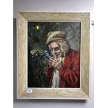 A framed oil on board of a golfer smoking a pipe