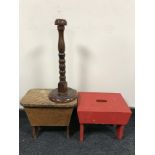 A painted pine cracket together with a small pine storage stool and a hat stand