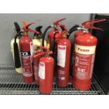NIne assorted fire extinguishers