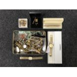 A box of costume jewellery, a boxed rolled gold pen, Tisso wrist watch,