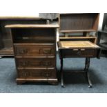 A contemporary three drawer chest together with a mahogany leather topped sofa table