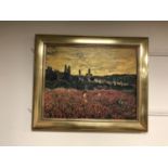 An Artagraph reproduction : Poppy field with village beyond, framed.