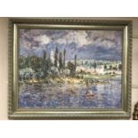 An Artagraph reproduction : Impressionist figures on a river, framed.