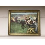 An Artagraph reproduction : Jockeys on horse back, framed.