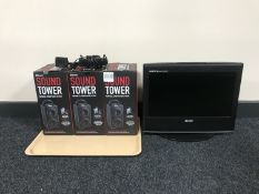 Three boxed Bluetooth sound tower speakers and a Bush 15 inch LCD TV combi