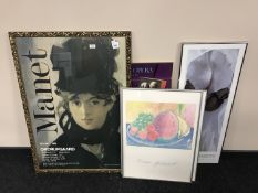 A gilt framed Manet poster and six framed opera posters & prints