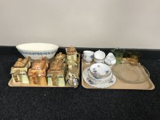 Two trays of cottage ware, commemorative glass ware,