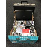 A box of LP records, box of vintage record player, Seimens laptop,