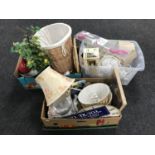 Three boxes of wicker framed mirror, wicker bin, wall plaques, wall clocks, table lamps,