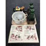 A tray of vintage Bobby Bears annual, three green glass decanters with labels,
