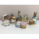 Six Beswick Beatrix Potter figures - Miss Moppet, Goody Tiptoes, Hunca Munca, Peter Rabbit,