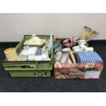 Four boxes of assorted china, dinner ware, collector's plates, Maling tureen and serving plate,