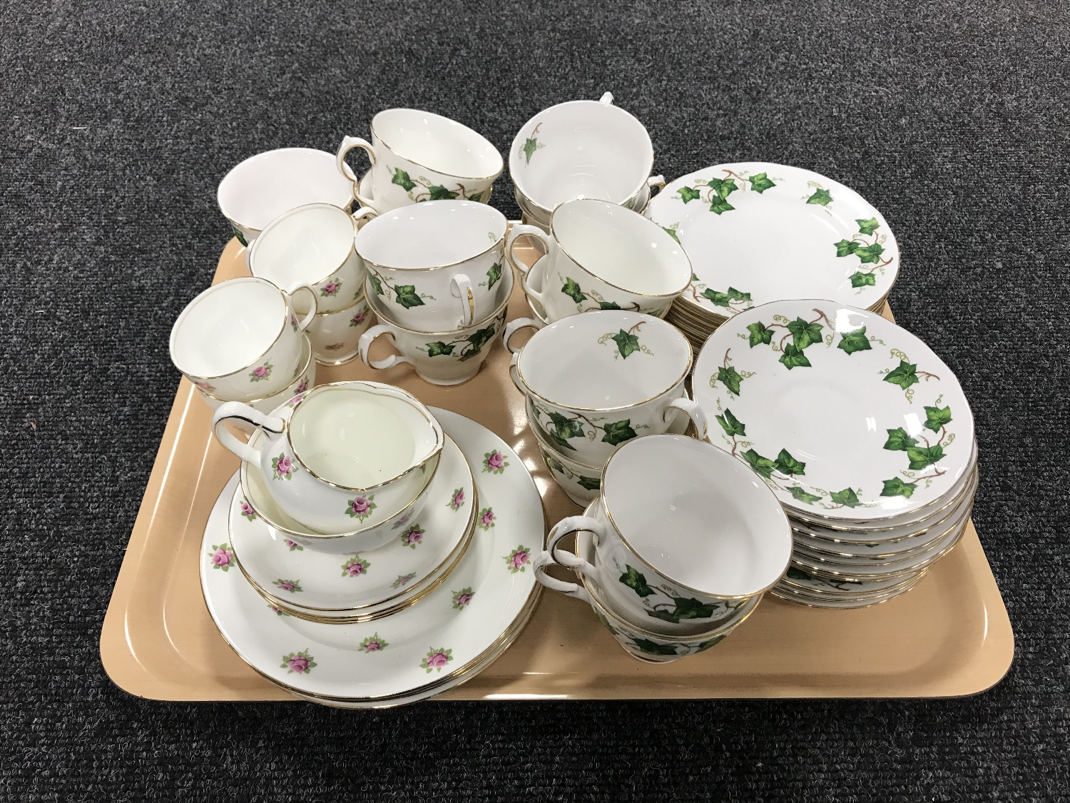 A tray of twelve pieces of Old Royal bone china tea china and thirty seven pieces of Colclough bone