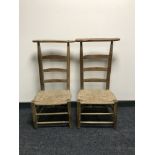 A pair of pine rush seated prayer chairs