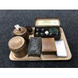 A tray of treen tea caddy and tobacco jar, miniature teak barrel from HMS Warspite,
