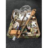 Two boxes of assorted dinner ware, glass ware, tea china, eagle headed walking stick,