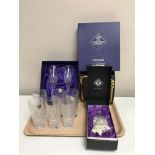 Edinburgh Crystal - A pair of champagne flutes (boxed), a bell (boxed) and six tall glasses (boxed).