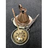 A vintage copper one gallon jug, copper charger, copper long handled pan,